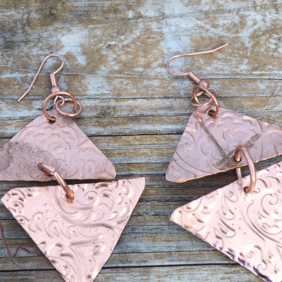 Conceptual Subculture Jewelry - Embossed Diamond Triangle Copper Earrings Dangle